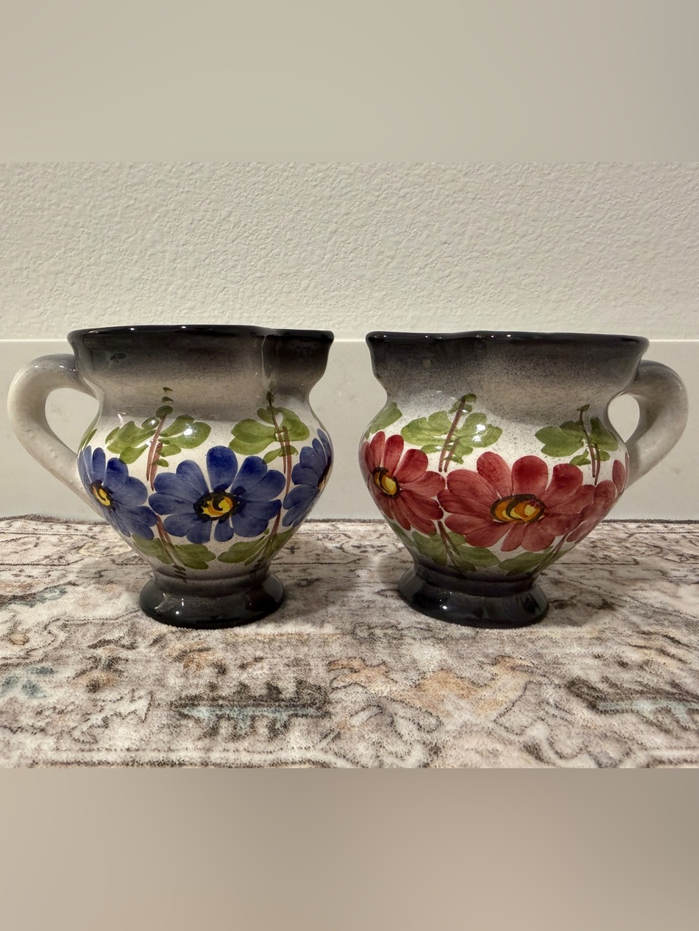 Set of 2 Italian Hand-Painted Floral Ceramic Pitchers - Blue and Red